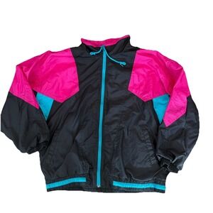 Vintage 80s Bocoo Colorblock Windbreaker Jacket Women's L Pink Teal Black